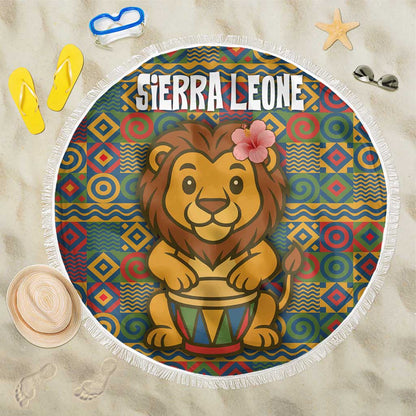 Sierra Leone Beach Blanket - Cute Lion Playing Djembe Drum and Tribal Pattern Design