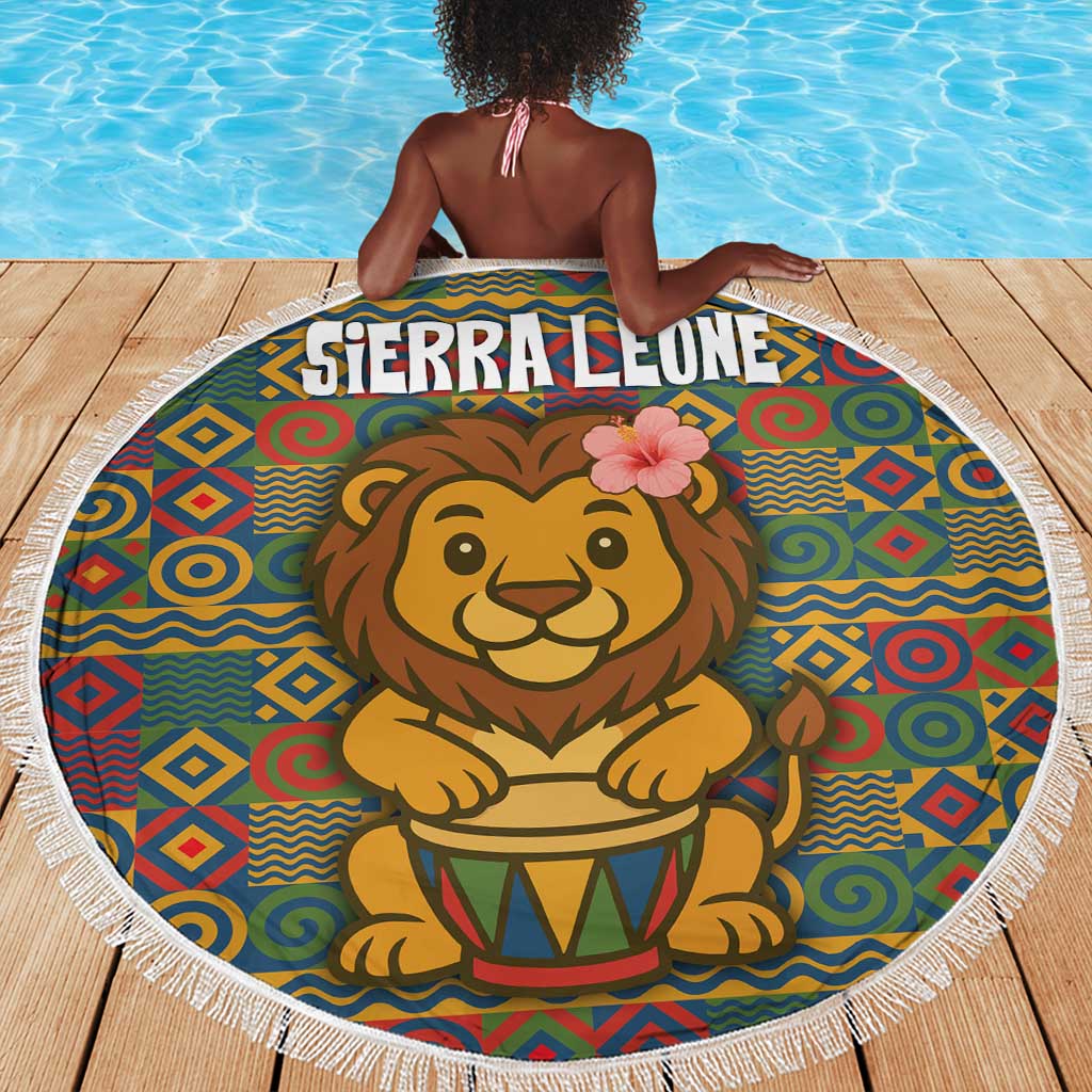 Sierra Leone Beach Blanket - Cute Lion Playing Djembe Drum and Tribal Pattern Design