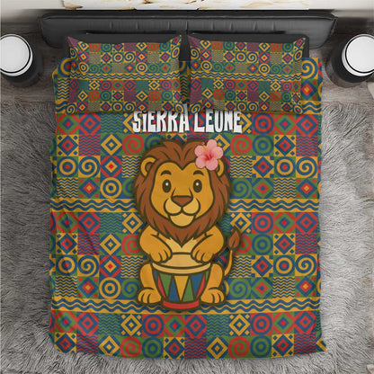 Sierra Leone Bedding Set - Cute Lion Playing Djembe Drum and Tribal Pattern Design