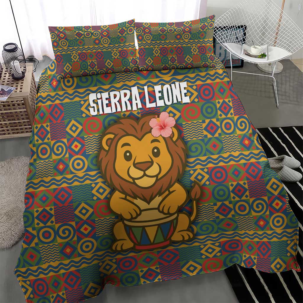 Sierra Leone Bedding Set - Cute Lion Playing Djembe Drum and Tribal Pattern Design