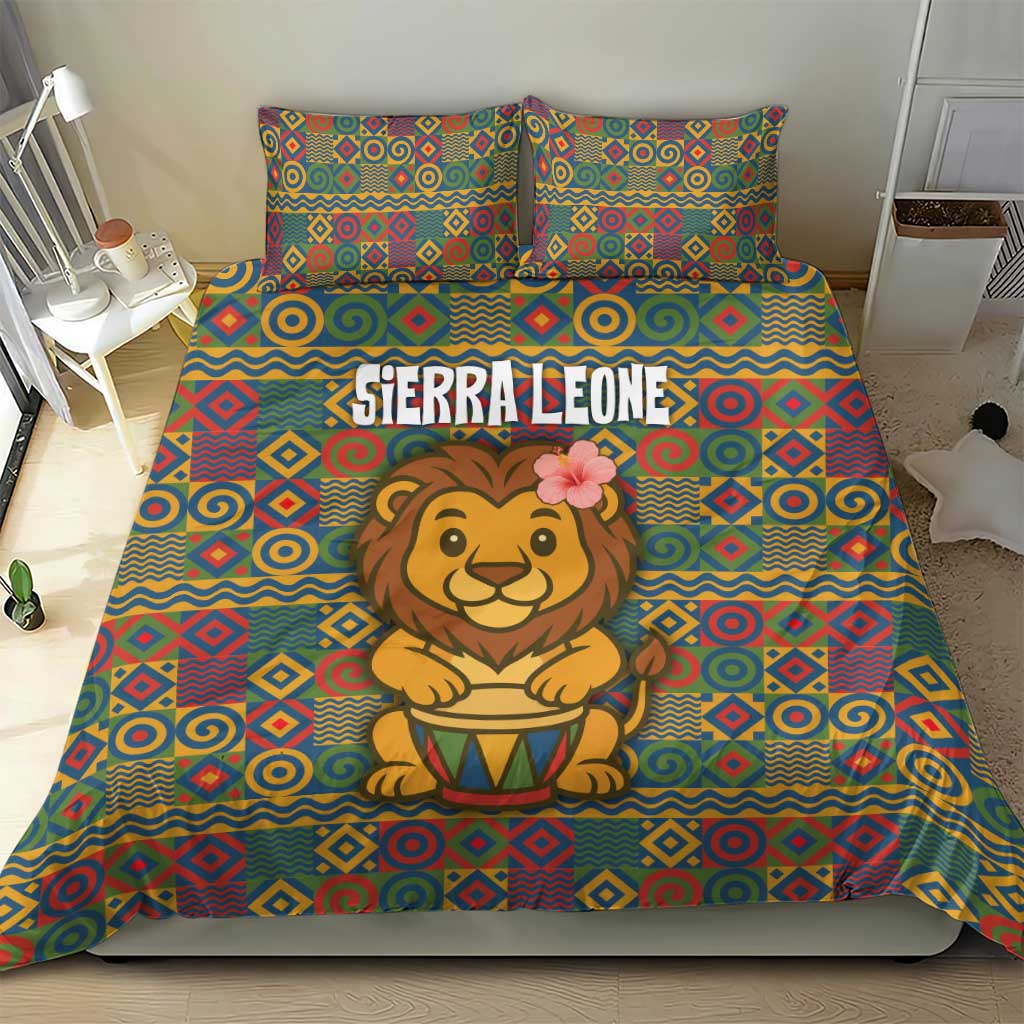 Sierra Leone Bedding Set - Cute Lion Playing Djembe Drum and Tribal Pattern Design