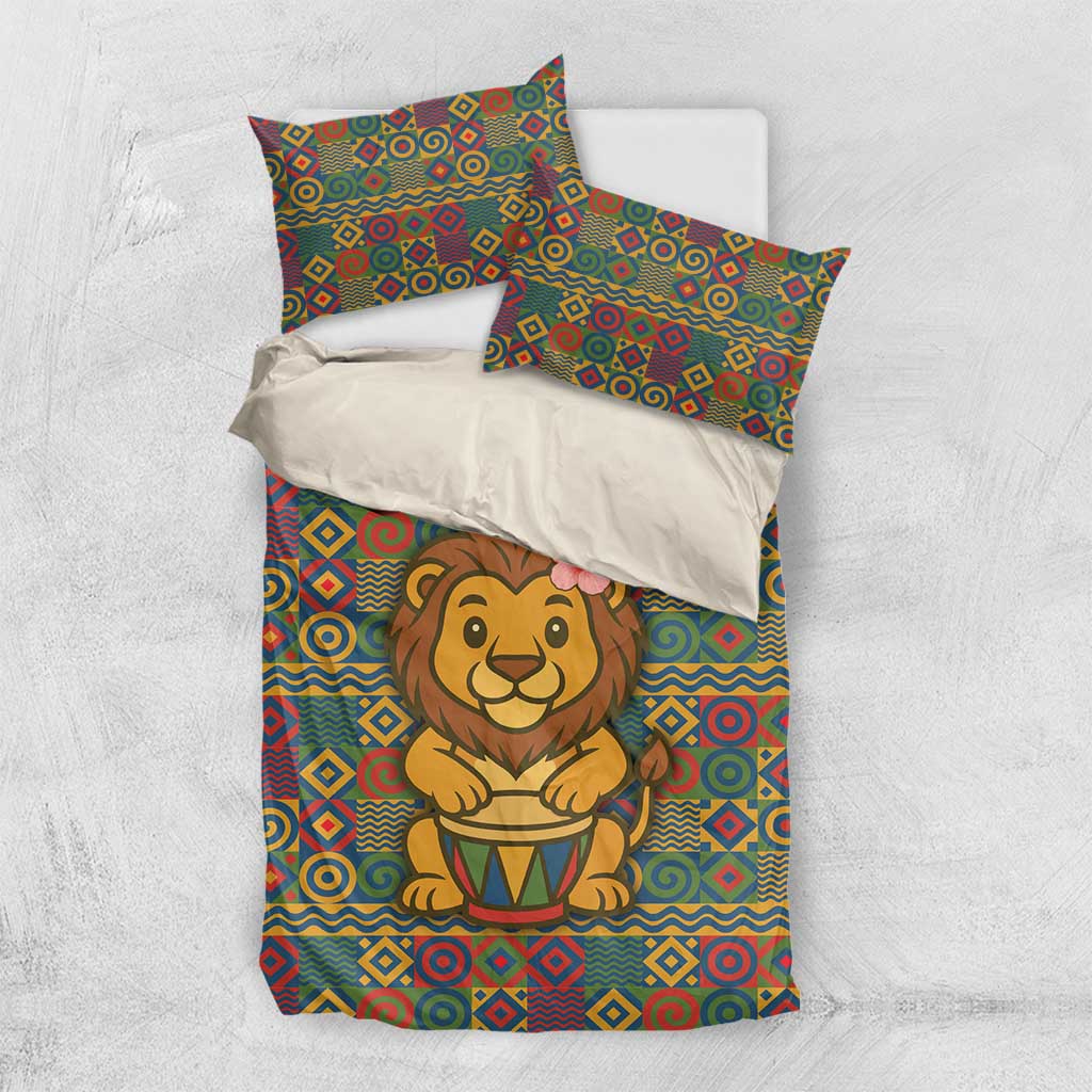 Sierra Leone Bedding Set - Cute Lion Playing Djembe Drum and Tribal Pattern Design