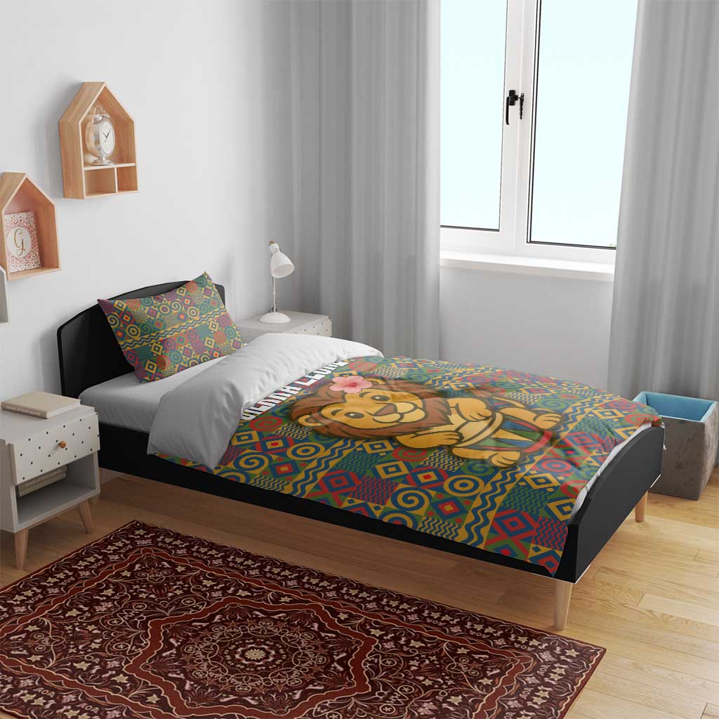 Sierra Leone Bedding Set - Cute Lion Playing Djembe Drum and Tribal Pattern Design