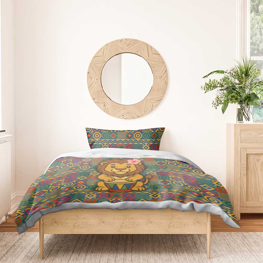 Sierra Leone Bedding Set - Cute Lion Playing Djembe Drum and Tribal Pattern Design