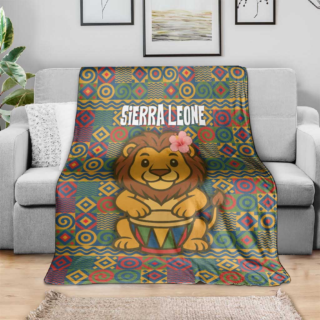 Sierra Leone Blanket - Cute Lion Playing Djembe Drum and Tribal Pattern Design