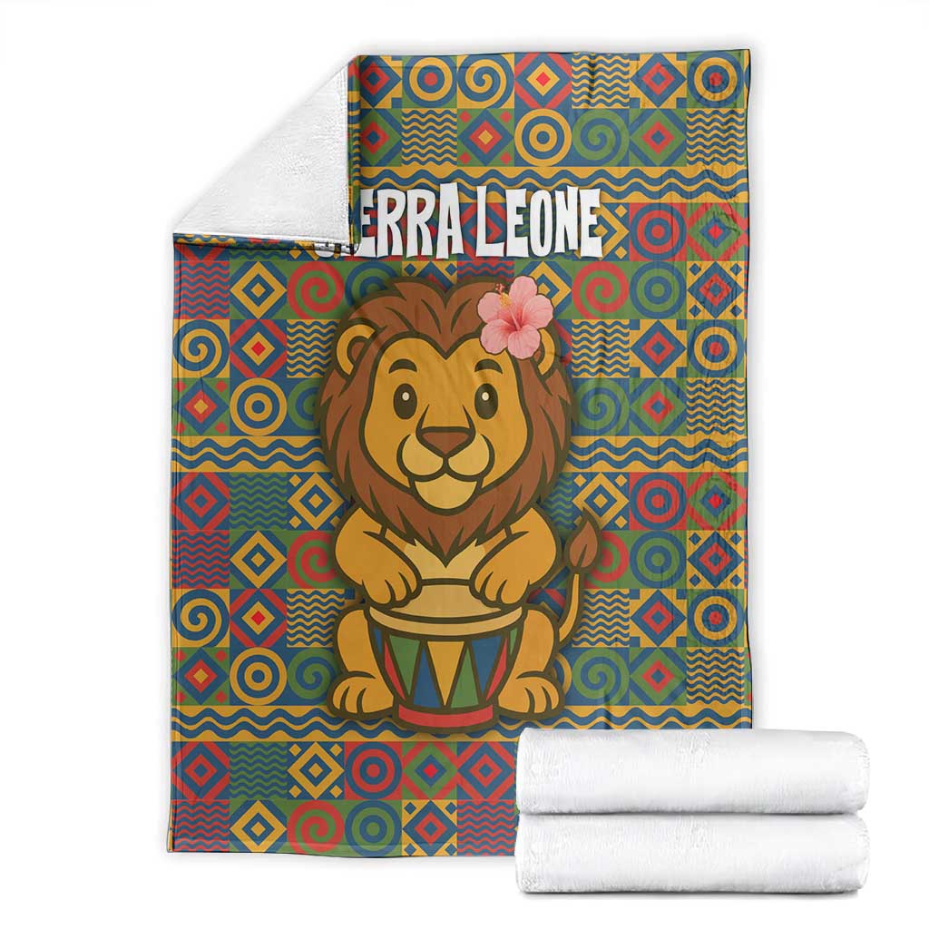 Sierra Leone Blanket - Cute Lion Playing Djembe Drum and Tribal Pattern Design