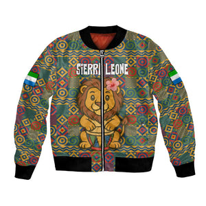 Sierra Leone Bomber Jacket - Cute Lion Playing Djembe Drum and Tribal Pattern Design