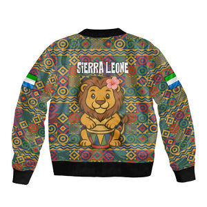 Sierra Leone Bomber Jacket - Cute Lion Playing Djembe Drum and Tribal Pattern Design