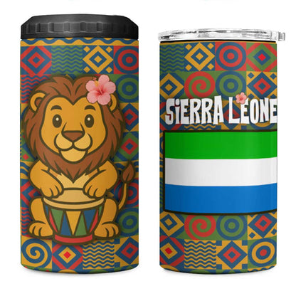 Sierra Leone 4 in 1 Can Cooler Tumbler - Cute Lion Playing Djembe Drum and Tribal Pattern Design