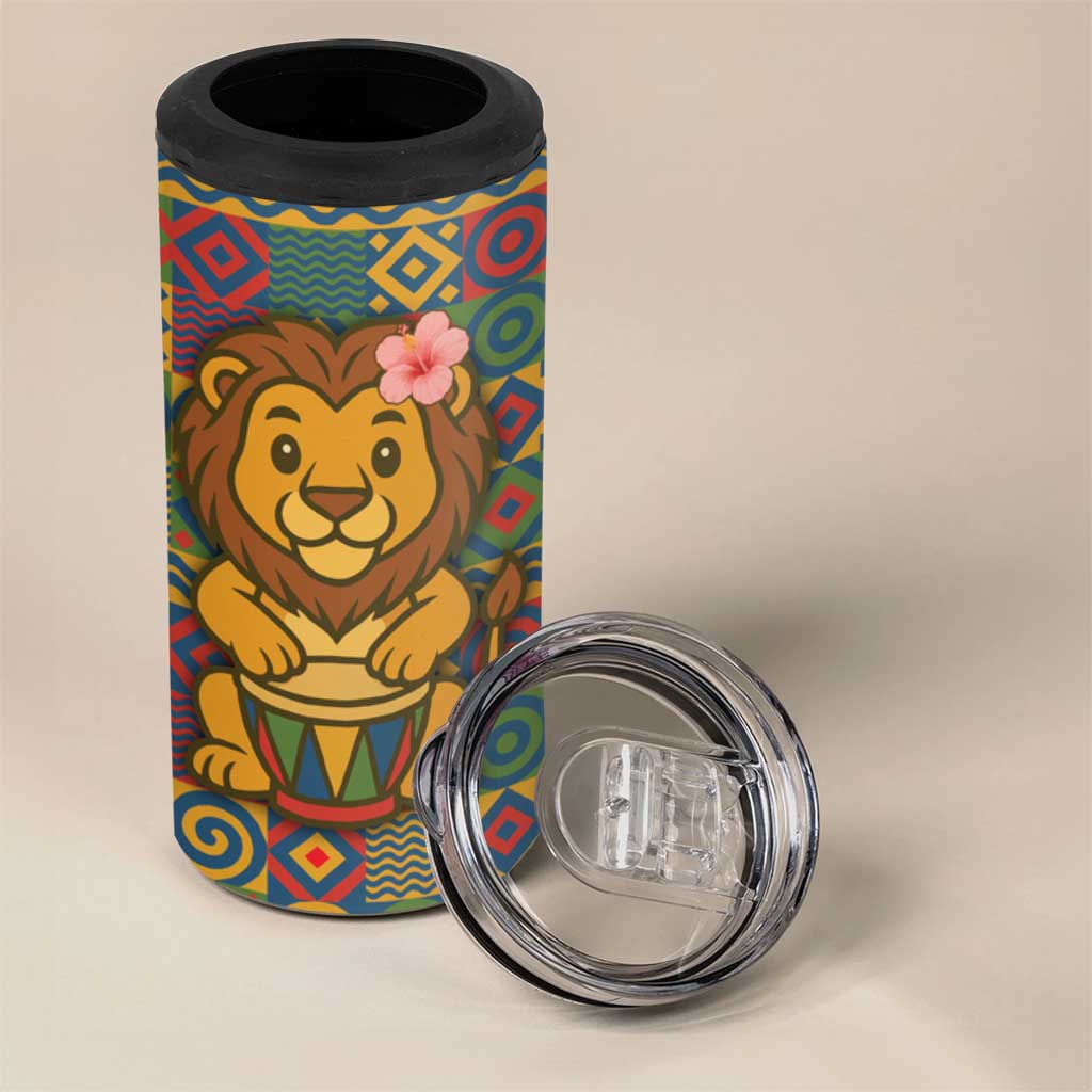 Sierra Leone 4 in 1 Can Cooler Tumbler - Cute Lion Playing Djembe Drum and Tribal Pattern Design