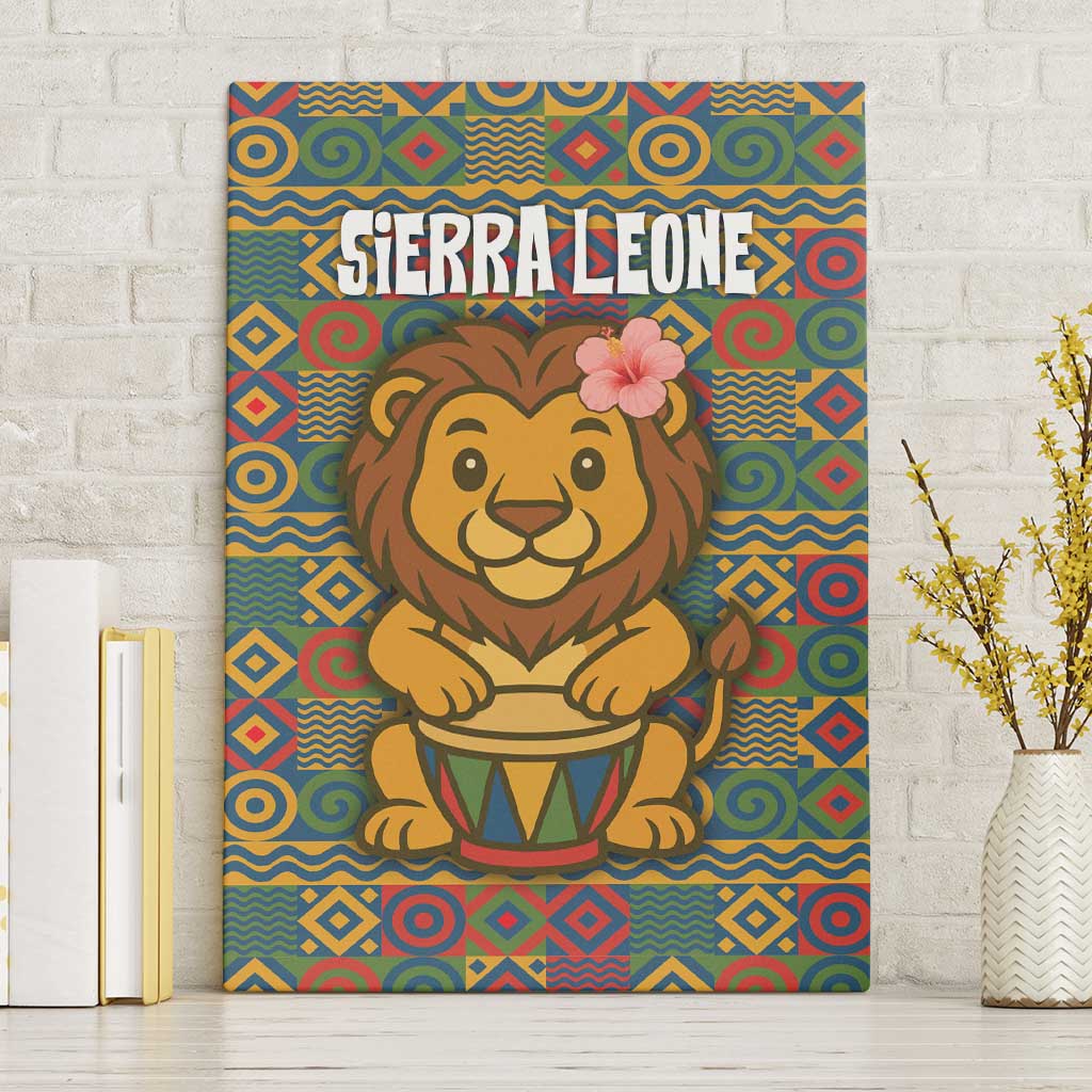 Sierra Leone Canvas Wall Art - Cute Lion Playing Djembe Drum and Tribal Pattern Design