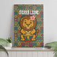 Sierra Leone Canvas Wall Art - Cute Lion Playing Djembe Drum and Tribal Pattern Design