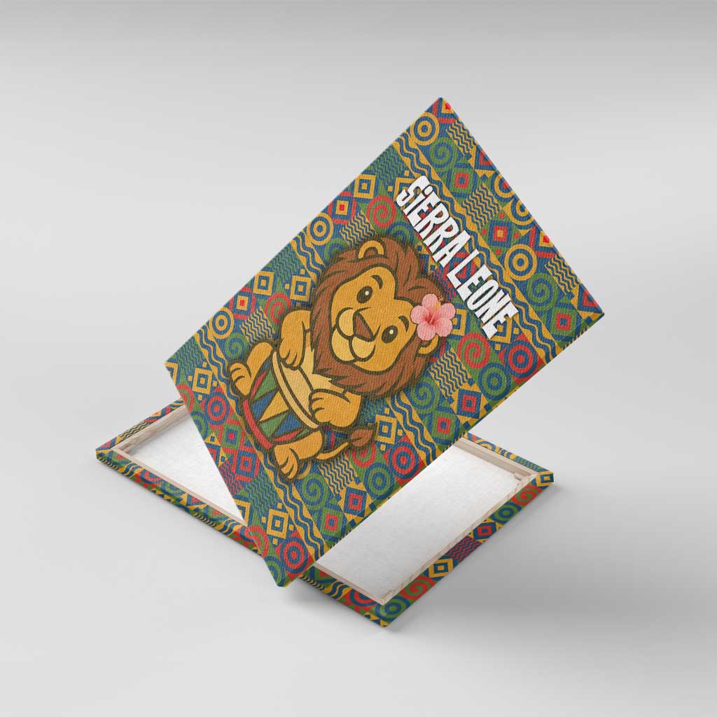 Sierra Leone Canvas Wall Art - Cute Lion Playing Djembe Drum and Tribal Pattern Design
