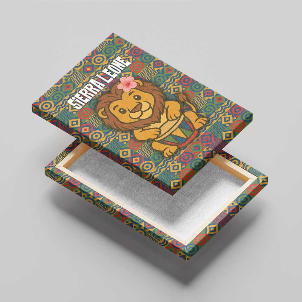 Sierra Leone Canvas Wall Art - Cute Lion Playing Djembe Drum and Tribal Pattern Design