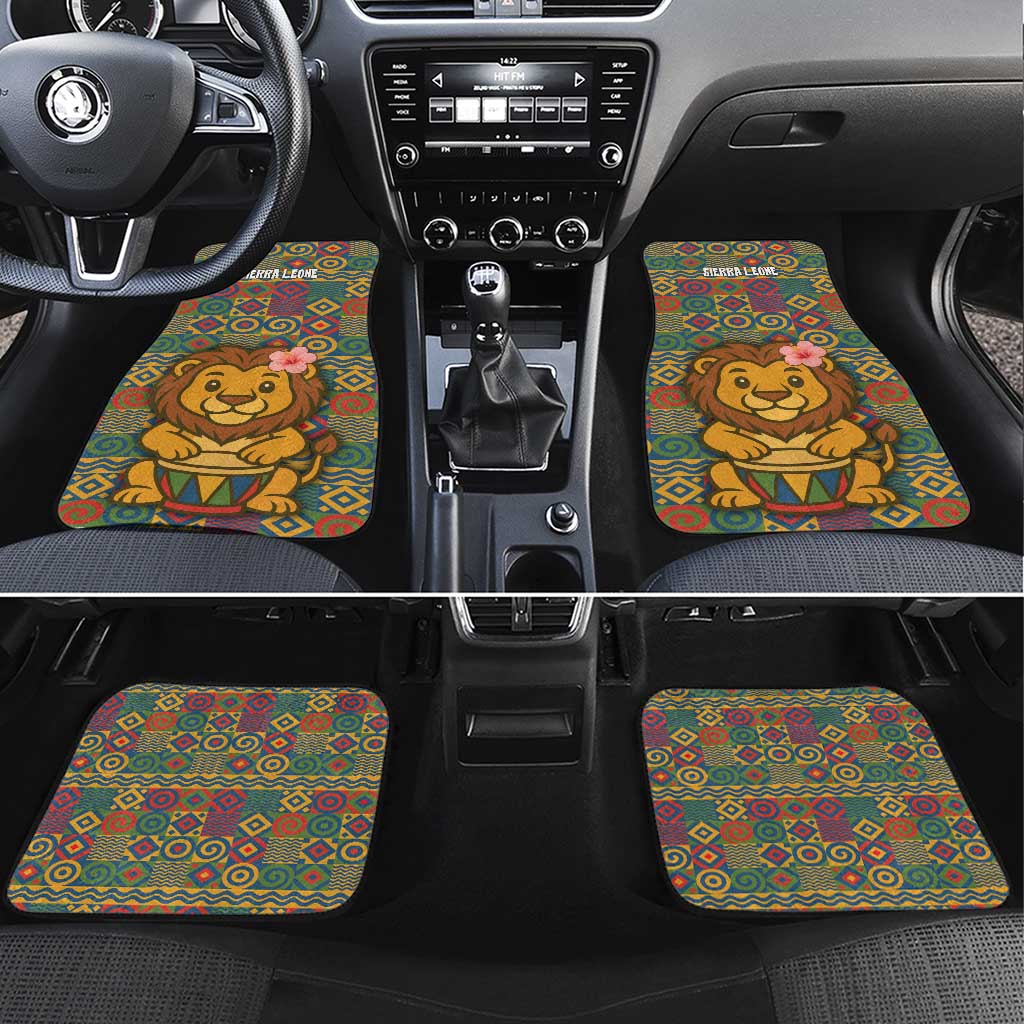 Sierra Leone Car Mats - Cute Lion Playing Djembe Drum and Tribal Pattern Design