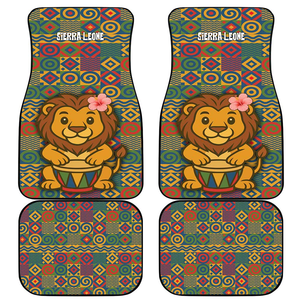 Sierra Leone Car Mats - Cute Lion Playing Djembe Drum and Tribal Pattern Design