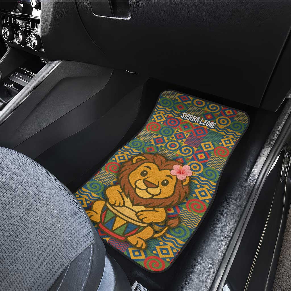 Sierra Leone Car Mats - Cute Lion Playing Djembe Drum and Tribal Pattern Design