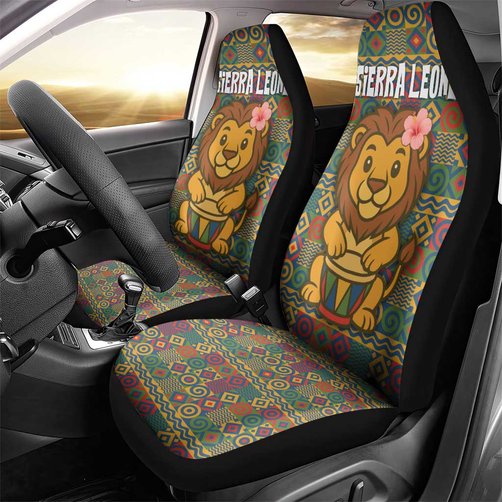 Sierra Leone Car Seat Cover - Cute Lion Playing Djembe Drum and Tribal Pattern Design