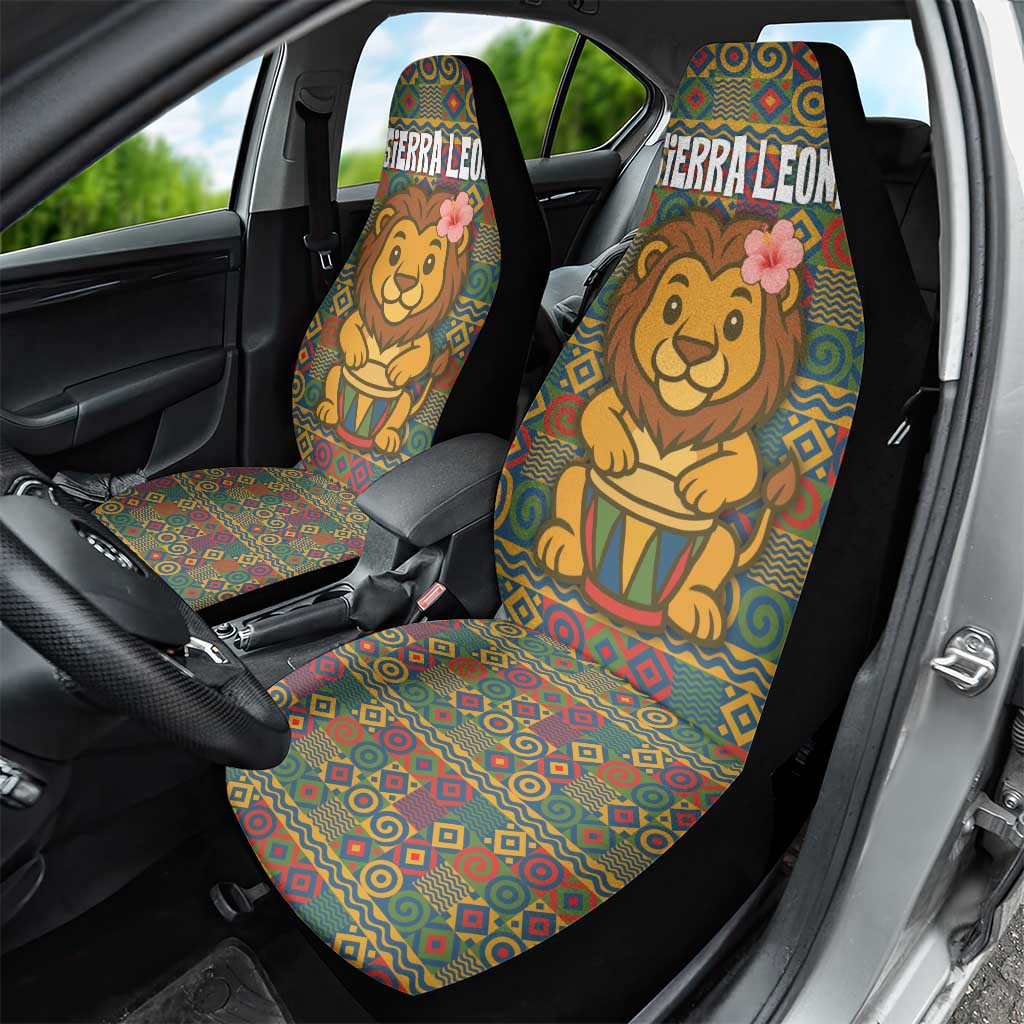 Sierra Leone Car Seat Cover - Cute Lion Playing Djembe Drum and Tribal Pattern Design