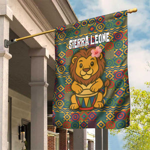 Sierra Leone Garden Flag - Cute Lion Playing Djembe Drum and Tribal Pattern Design