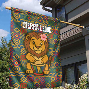 Sierra Leone Garden Flag - Cute Lion Playing Djembe Drum and Tribal Pattern Design