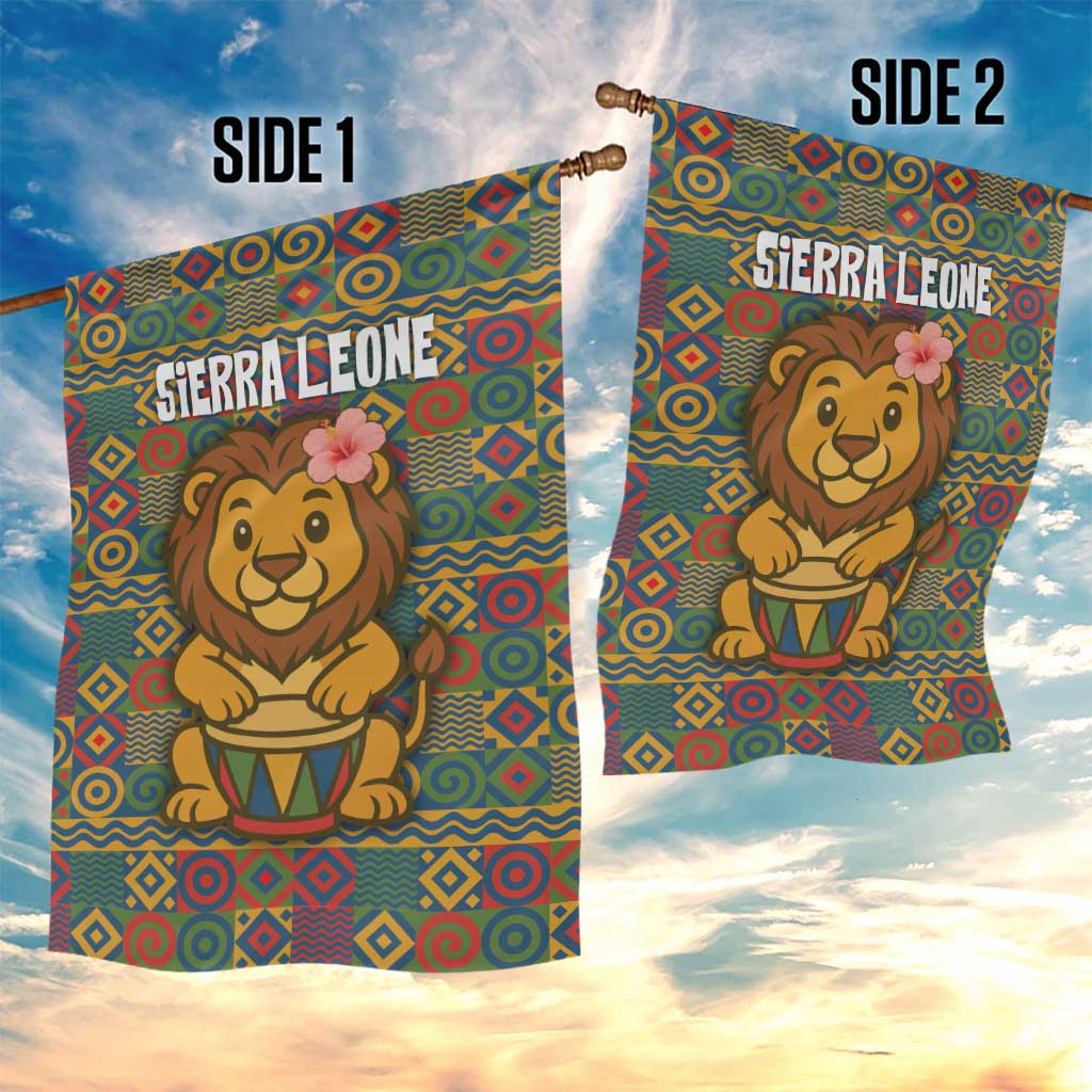 Sierra Leone Garden Flag - Cute Lion Playing Djembe Drum and Tribal Pattern Design