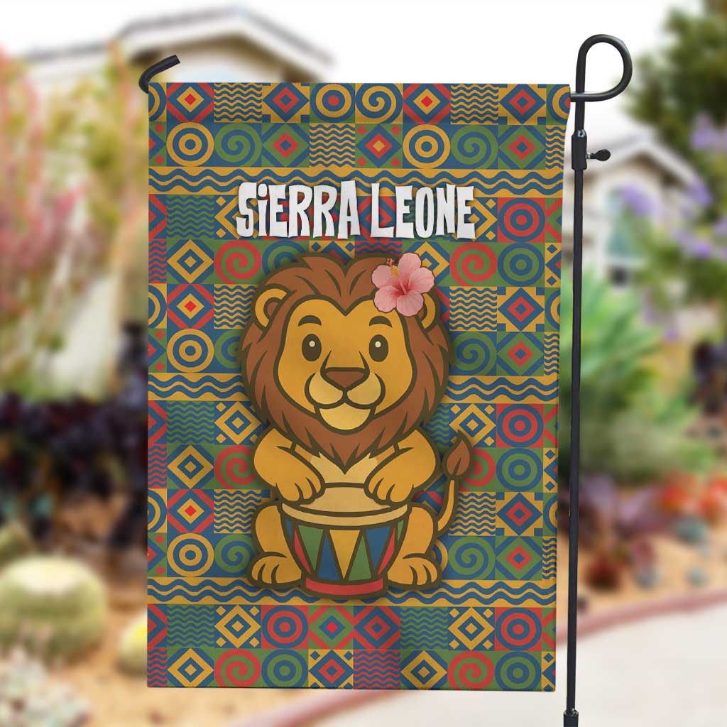 Sierra Leone Garden Flag - Cute Lion Playing Djembe Drum and Tribal Pattern Design