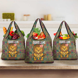 Sierra Leone Grocery Bag - Cute Lion Playing Djembe Drum and Tribal Pattern Design
