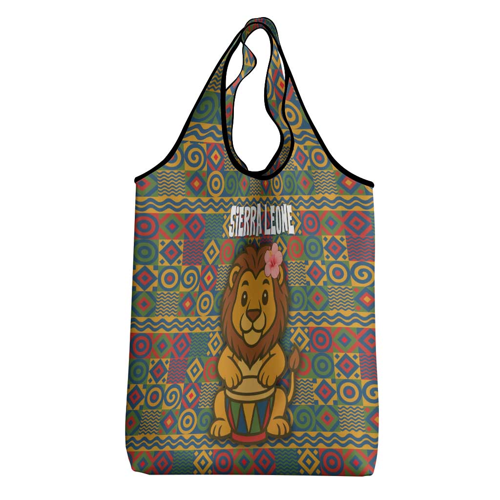 Sierra Leone Grocery Bag - Cute Lion Playing Djembe Drum and Tribal Pattern Design