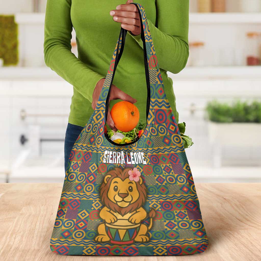 Sierra Leone Grocery Bag - Cute Lion Playing Djembe Drum and Tribal Pattern Design