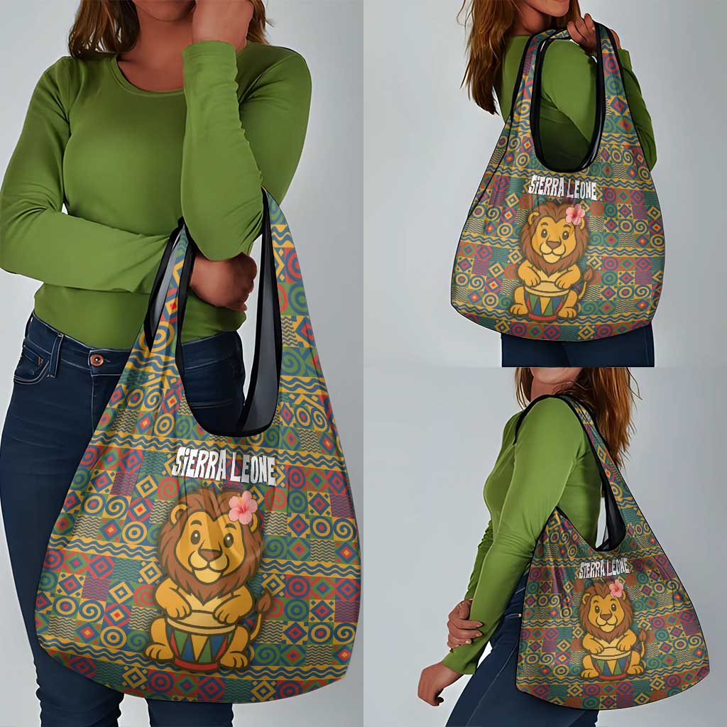 Sierra Leone Grocery Bag - Cute Lion Playing Djembe Drum and Tribal Pattern Design