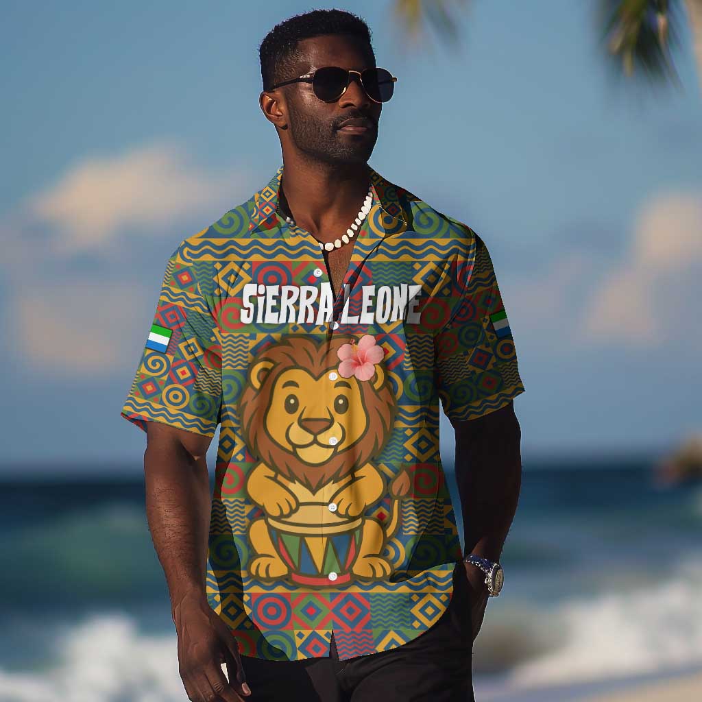 Sierra Leone Hawaiian Shirt - Cute Lion Playing Djembe Drum and Tribal Pattern Design