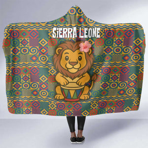 Sierra Leone Hooded Blanket - Cute Lion Playing Djembe Drum and Tribal Pattern Design