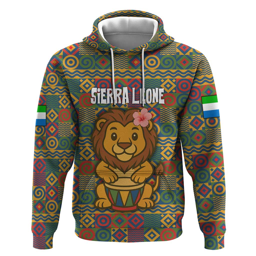Sierra Leone Hoodie - Cute Lion Playing Djembe Drum and Tribal Pattern Design