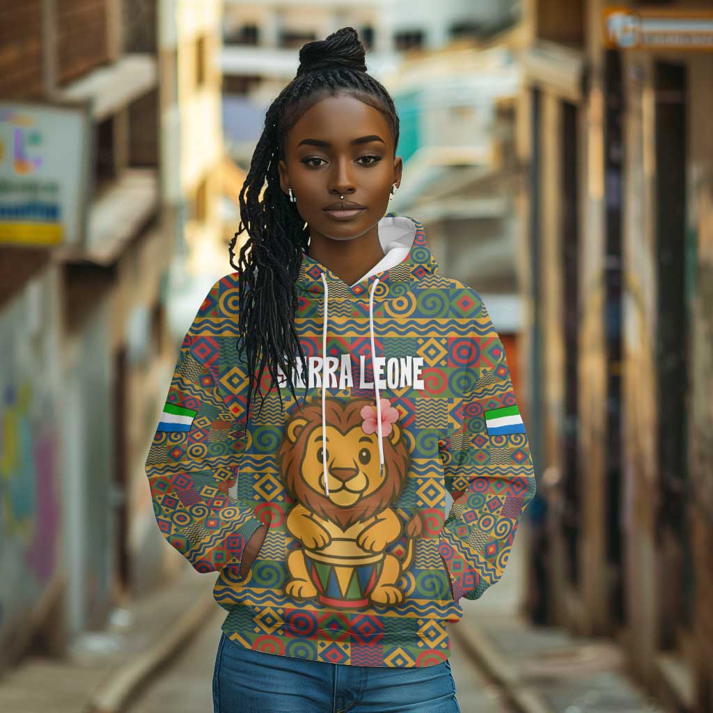 Sierra Leone Hoodie - Cute Lion Playing Djembe Drum and Tribal Pattern Design