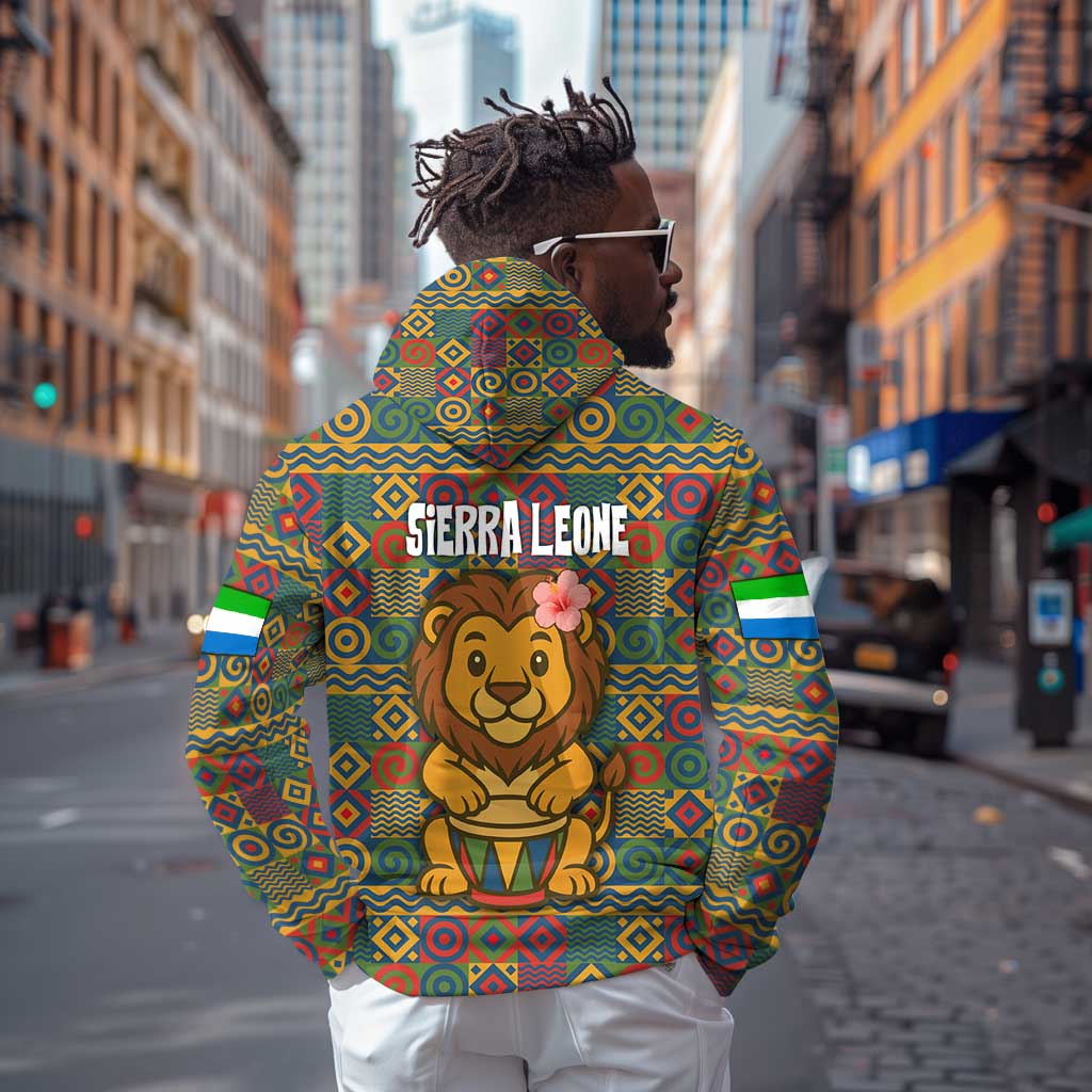 Sierra Leone Hoodie - Cute Lion Playing Djembe Drum and Tribal Pattern Design