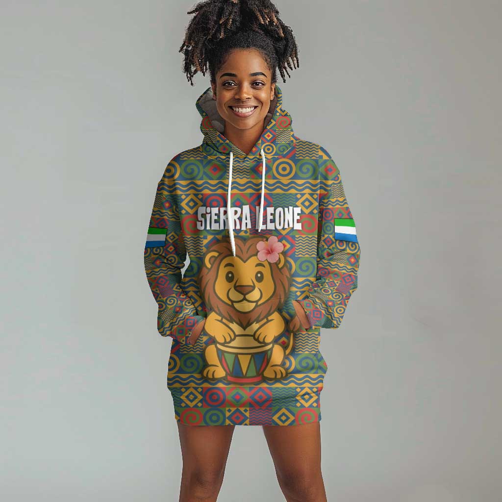 Sierra Leone Hoodie Dress - Cute Lion Playing Djembe Drum and Tribal Pattern Design