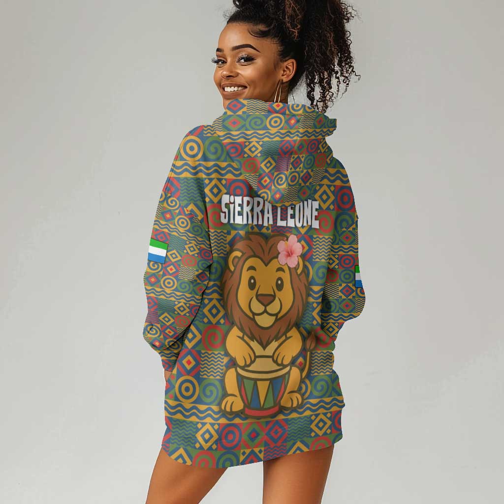 Sierra Leone Hoodie Dress - Cute Lion Playing Djembe Drum and Tribal Pattern Design