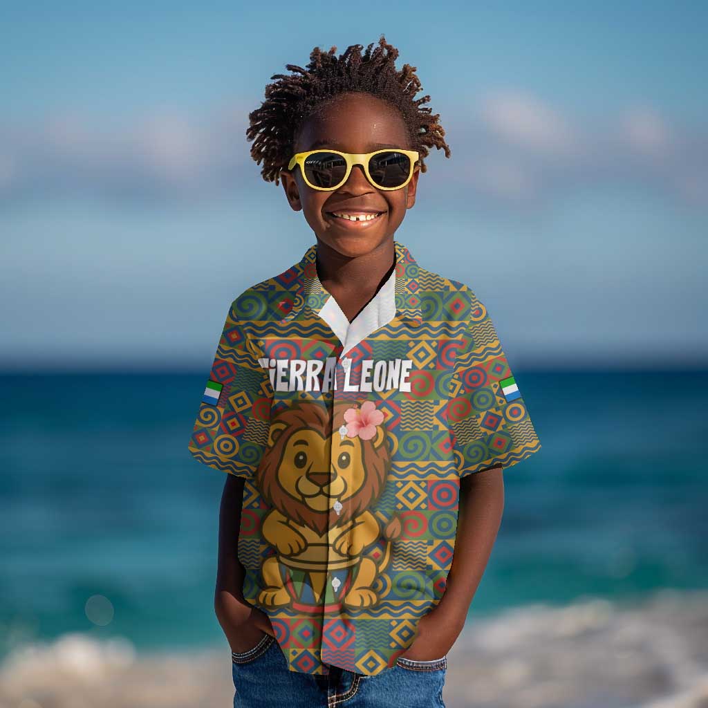 Sierra Leone Kid Hawaiian Shirt - Cute Lion Playing Djembe Drum and Tribal Pattern Design