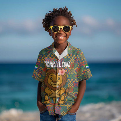 Sierra Leone Kid Hawaiian Shirt - Cute Lion Playing Djembe Drum and Tribal Pattern Design