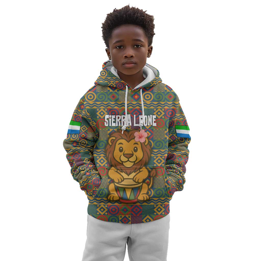 Sierra Leone Kid Hoodie - Cute Lion Playing Djembe Drum and Tribal Pattern Design