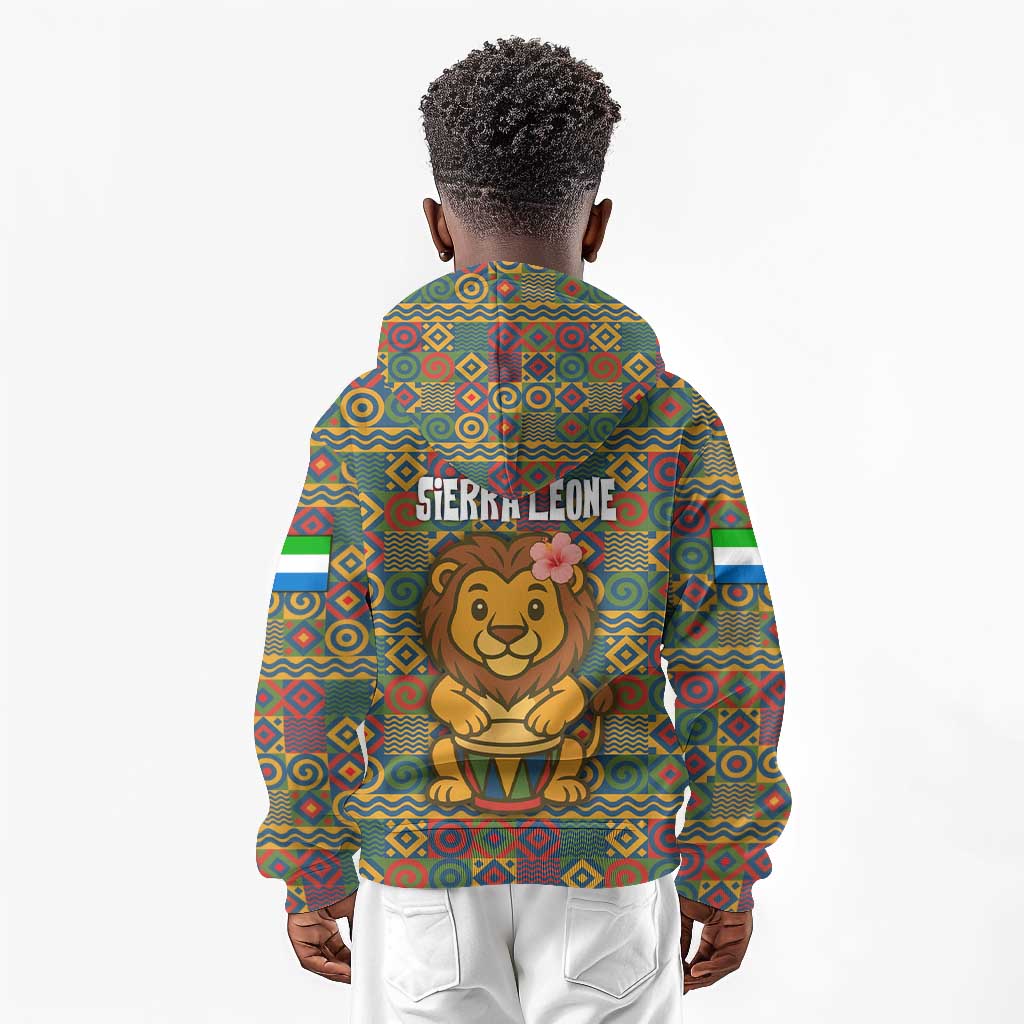 Sierra Leone Kid Hoodie - Cute Lion Playing Djembe Drum and Tribal Pattern Design