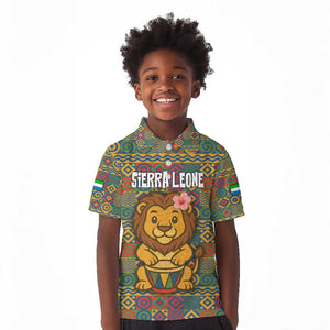 Sierra Leone Kid Polo Shirt - Cute Lion Playing Djembe Drum and Tribal Pattern Design