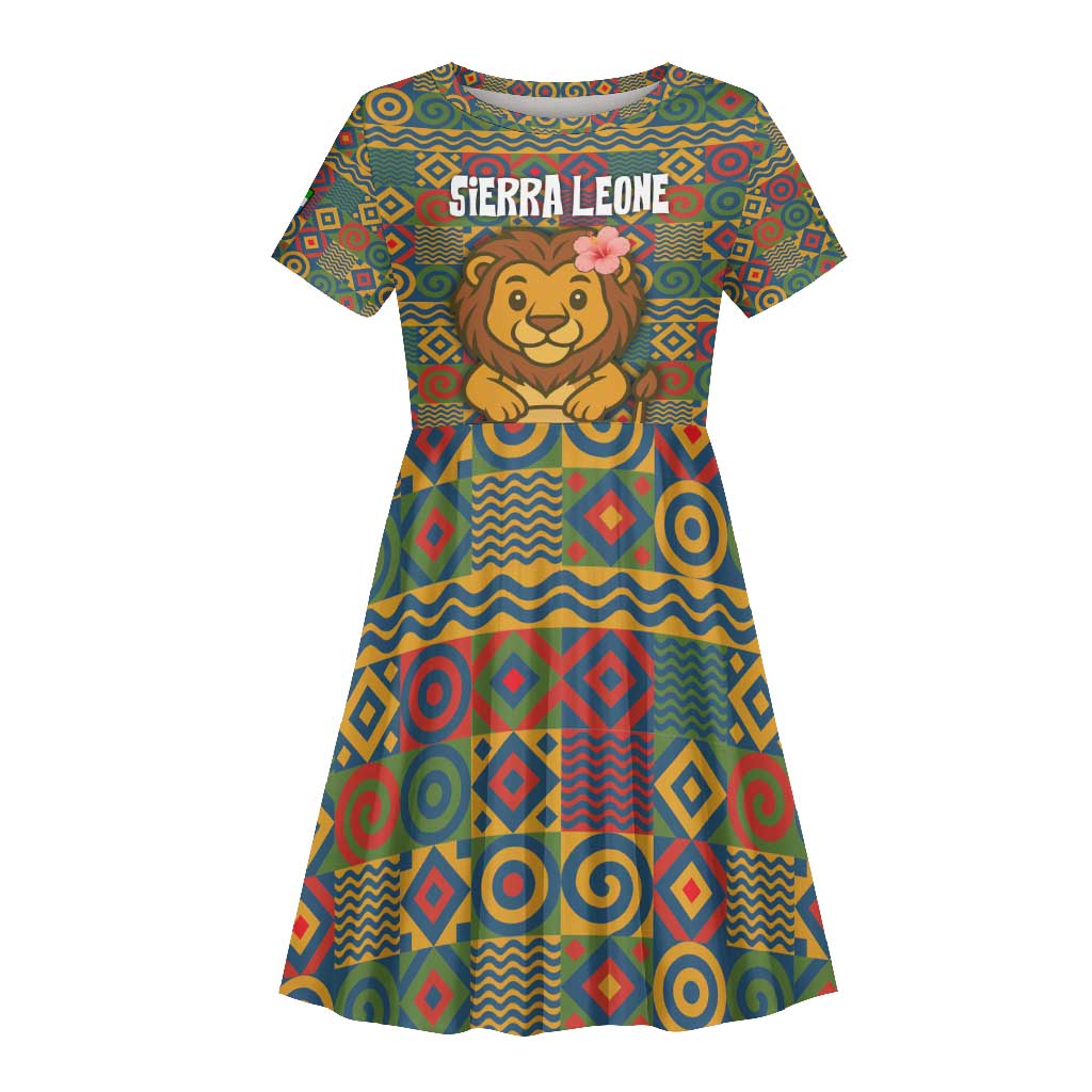 Sierra Leone Kid Short Sleeve Dress - Cute Lion Playing Djembe Drum and Tribal Pattern Design