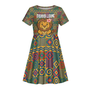 Sierra Leone Kid Short Sleeve Dress - Cute Lion Playing Djembe Drum and Tribal Pattern Design