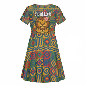 Sierra Leone Kid Short Sleeve Dress - Cute Lion Playing Djembe Drum and Tribal Pattern Design