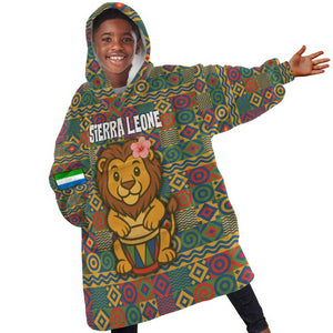 Sierra Leone Kid Wearable Blanket Hoodie - Cute Lion Playing Djembe Drum and Tribal Pattern Design