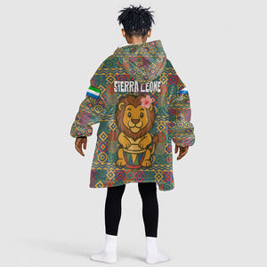 Sierra Leone Kid Wearable Blanket Hoodie - Cute Lion Playing Djembe Drum and Tribal Pattern Design