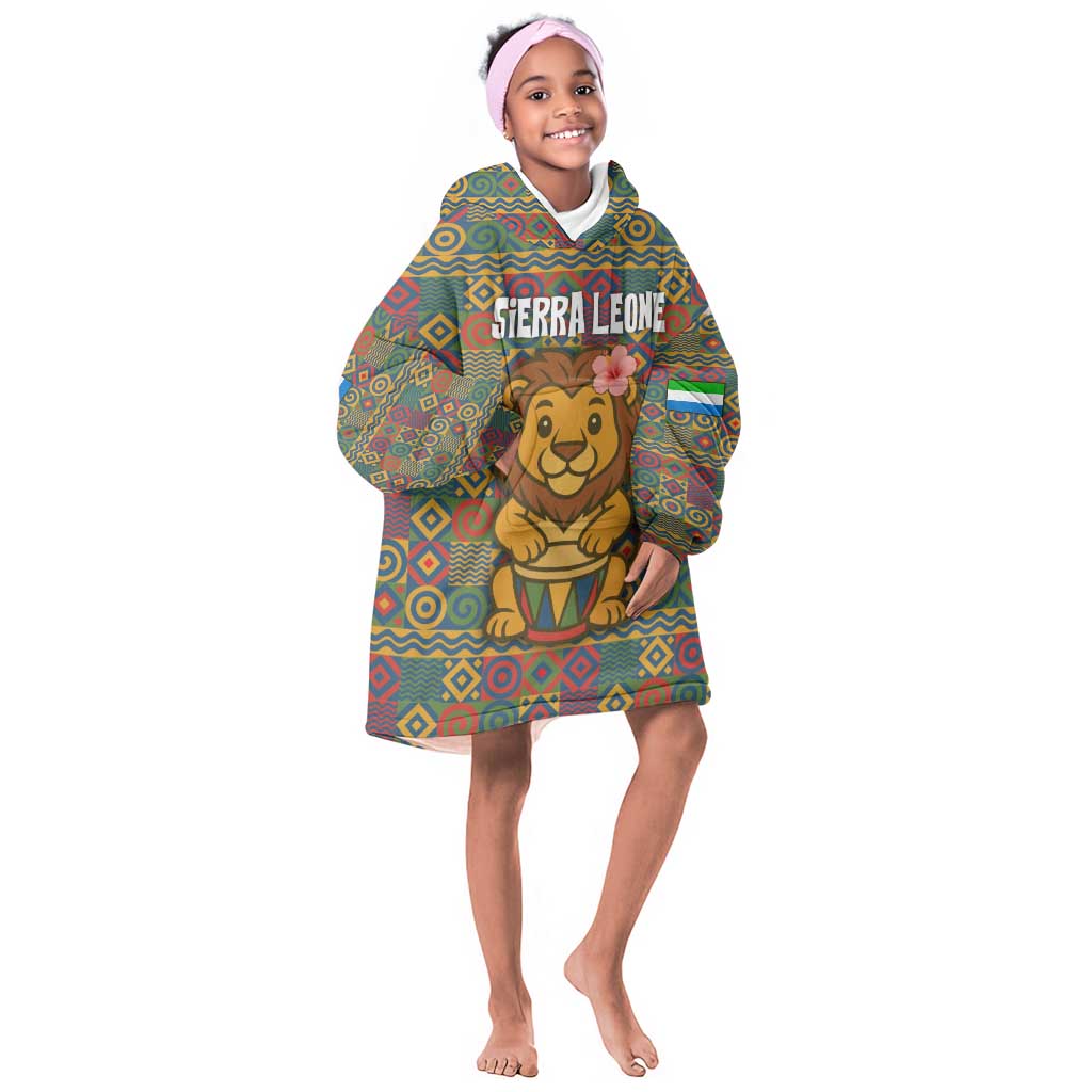 Sierra Leone Kid Wearable Blanket Hoodie - Cute Lion Playing Djembe Drum and Tribal Pattern Design