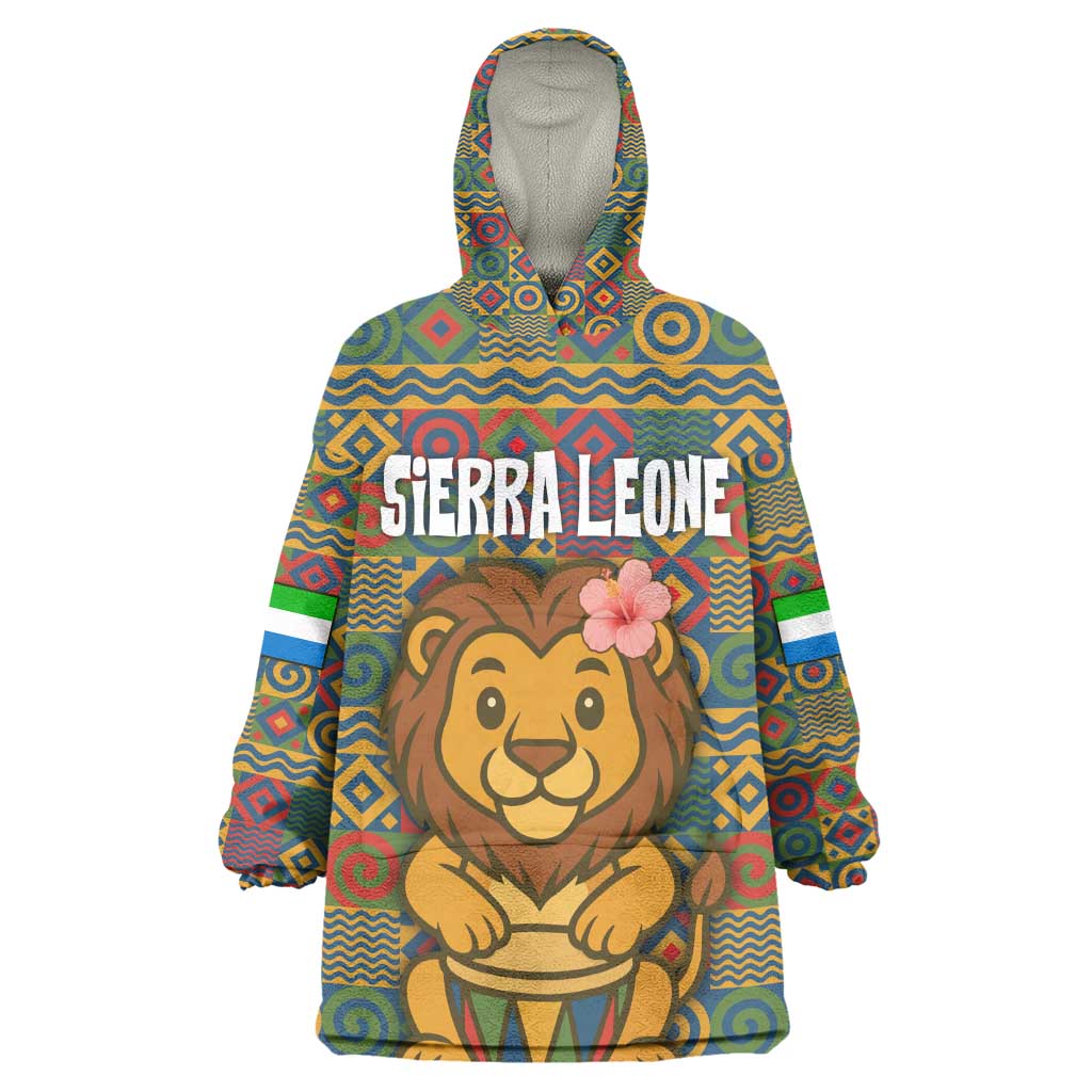 Sierra Leone Kid Wearable Blanket Hoodie - Cute Lion Playing Djembe Drum and Tribal Pattern Design